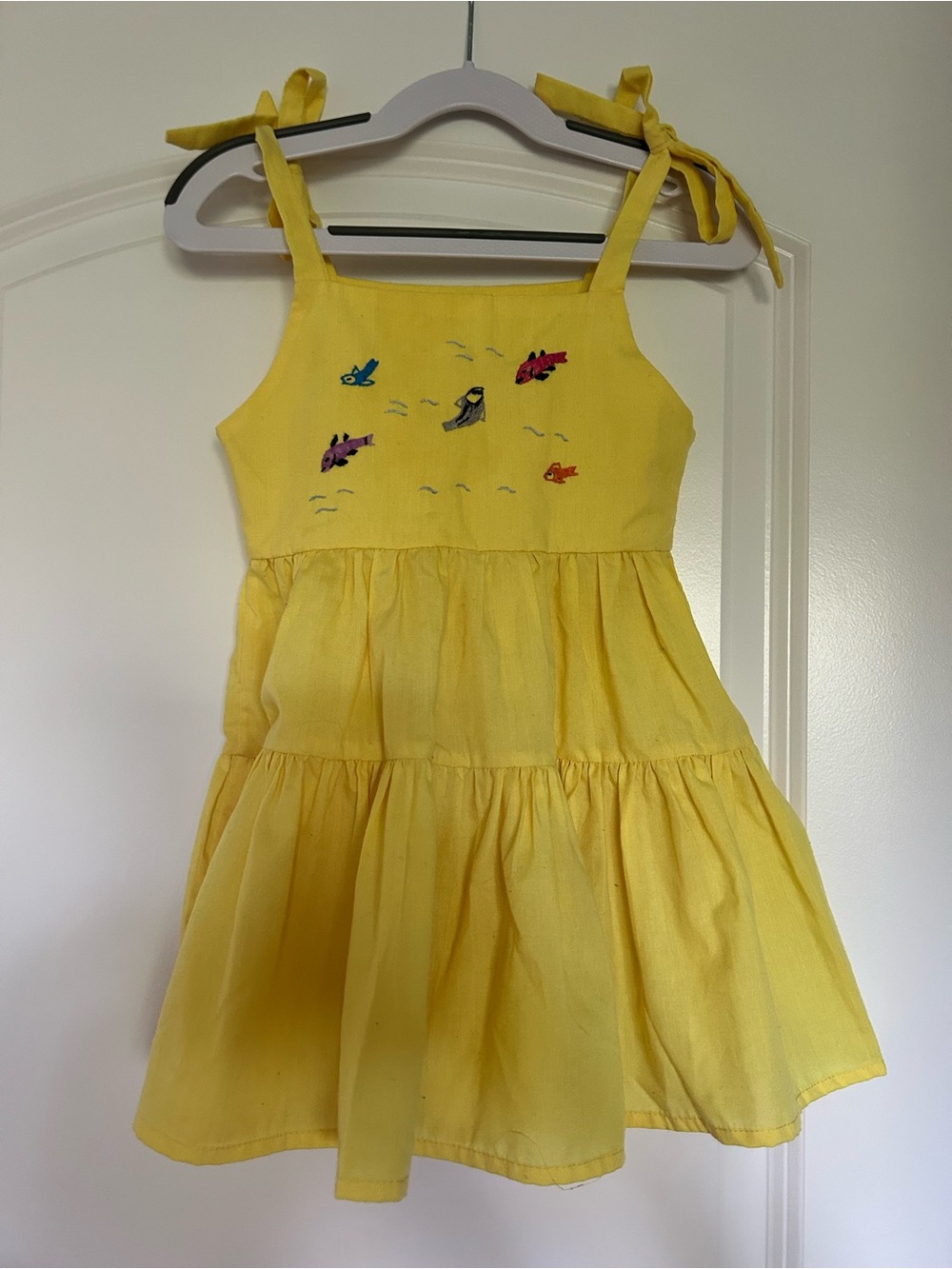 Yellow Tie-Shoulder Tiered Kids Dress with Bird Embroidery